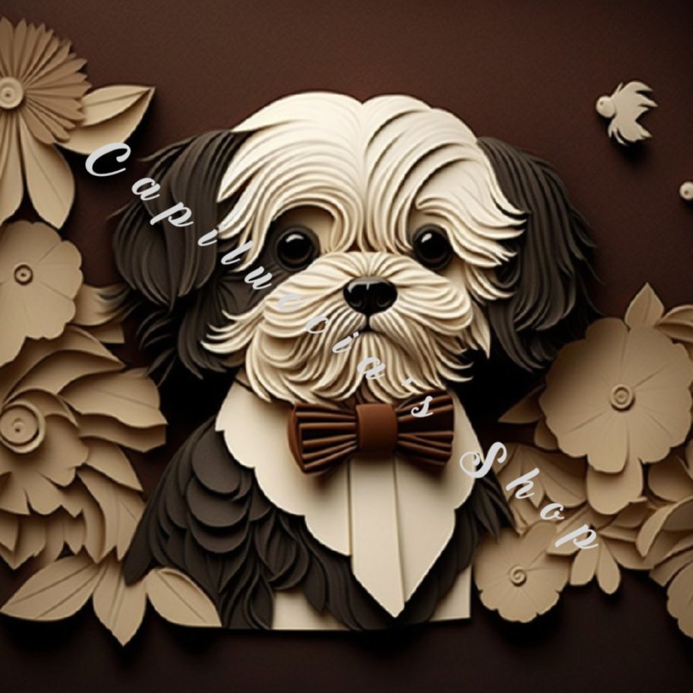 Shi-tzu dog marginalia quilling cut art poster